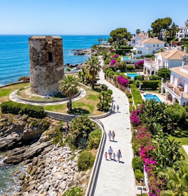 Vistas de la Torre de Torremuelle, las villas blancas y las calas de Torremuelle en Benalmádena, Málaga